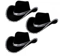 3 x Adult Ladies Black Sequin Texan Cowboy Hats : Wild West Cowgirl Hen Night Fancy Dress Accessory
