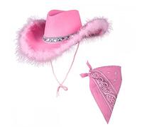 Adult Ladies Pink Sequin & Feather Texan Cowboy Hat + Pink Bandana : Wild West Cowgirl Hen Night Fancy Dress Accessory