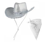 A2ZFD Adult Ladies Silver Sequin Texan Cowgirl Hat + White Bandana : Wild West Cowboy Hen Night Womens Music Festival Rock or Pop Tour Fancy Dress Accessory Set