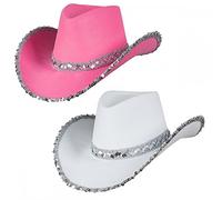 A2ZFD Adult Ladies Texan Cowboy Hats 2 PACK (1 x Pink Sequin + 1 x White Sequin) : Wild West Cowgirl Hen Do Night Fancy Dress Accessory