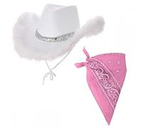 A2ZFD Adult Ladies White Sequin & Marabou Feather Texan Cowboy Hat + Pink Bandana : Wild West Cowgirl Hen Night Fancy Dress Accessory