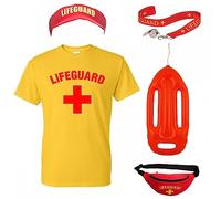 A2ZFD Adult Lifeguard T-Shirt + Inflatable Float + Lifeguard Whistle with lanyard + Sun Visor + Bum Bag : Mens Ladies Life Guard 80s Fancy Dress Costume Accessory Set (S)