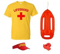 A2ZFD Adult Lifeguard T-Shirt + Inflatable Float + Red Whistle + Sun Visor : Mens Ladies Life Guard 80s Fancy Dress Costume Accessory Set (Large)