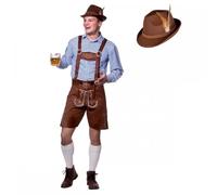 A2ZFD Adult Mens Faux Suede Lederhosen Oktoberfest COSTUME + DELUXE BAVARIAN BROWN HAT : Beer Festival Stag Fancy Dress (S)