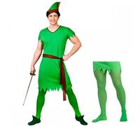 A2ZFD Adult Mens Lost Boy/Elf/Robin Hood Costume + Green Tights + Optional Elf Style Shoes : Book Day Character Storybook or Christmas Fancy Dress (Costume & Tights ONLY, XL (Up to 48" Chest))