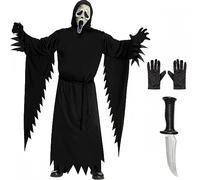 A2ZFD Adult Mens Official Scream AGED Ghost Face Costume + Black Gloves + Horror Knife : Halloween Horror Film Theme Fancy Dress