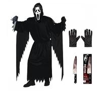 A2ZFD Adult Mens Officially Licensed Scream Ghost Face Costume + Black Gloves + Bloody Butcher Knife : Halloween Fancy Dress One Size