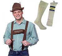 A2ZFD Adult Mens Oktoberfest Braces + Deluxe Brown Bavarian Hat + Wool Blend Socks : Beer Festival Fancy Dress Accessory Set, L, (4446WC CS1)