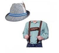 A2ZFD Adult Mens Oktoberfest Braces + Deluxe Grey Bavarian Hat : Beer Festival Fancy Dress Accessory Set