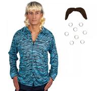 A2ZFD Adult Mens Tiger King Joe Exotic Shirt + Mullet Wig + Moustache + Clip-on Piercings : Animal Zoo Halloween Fancy Dress (M (41'')), Multicolor