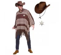 A2ZFD Adult Mens Western Cowboy Poncho + Texan Cowboy Dark Brown Hat + Optional Accessories : Wild West Movie Fancy Dress Costume