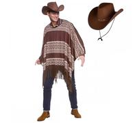 A2ZFD Adult Mens Western Cowboy Poncho + Texan Cowboy Dark Brown Hat + Optional Accessories : Wild West Movie Fancy Dress Costume