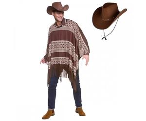 A2ZFD Adult Mens Western Cowboy Poncho + Texan Cowboy Dark Brown Hat + Optional Accessories : Wild West Movie Fancy Dress Costume