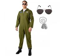 A2ZFD Adult Pilot Aviator Jumpsuit Costume + Aviator Glasses + Dog Tags : Mens 80s Movie Top Shot Fighter Pilots Flyers Fancy Dress Outfit (L)