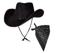Adult Texan Cowboy Black Hat + Bandana Neck Scarf - Red Brown White Black Blue Colour Option (Black Bandana)