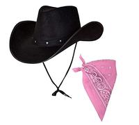 Adult Texan Cowboy Black Hat + Bandana Neck Scarf - Red Brown White Black Blue Colour Option (Pink Bandana)