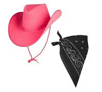 A2ZFD Adult Texan Cowboy Pink Hat + Bandana Neck Scarf - Black Blue Brown White Red Pink Colour Option Wild West Western Fancy Dress Accessory (Black Bandana)