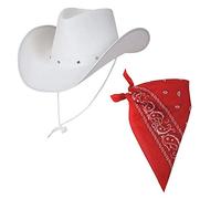 A2ZFD Adult Texan Cowboy White Hat + Bandana Neck Scarf - Black Blue Brown White Red Pink Colour Option Wild West Western Fancy Dress Accessory (Red Bandana)