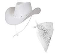 A2ZFD Adult Texan Cowboy White Hat + Bandana Neck Scarf - Black Blue Brown White Red Pink Colour Option Wild West Western Fancy Dress Accessory (White Bandana)