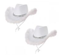 A2ZFD Adult Texan Cowgirl Hat - White with Sequins & Marabou Feather 2 PACK : Ladies Hen Do Wild West Rodeo Fancy Dress Accessory