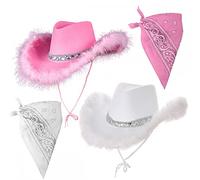 A2ZFD Adult Texan Cowgirl Hat with Marabou Feather and Bandana 2 PACK (1 x PINK HAT/BANDANA and 1 X WHITE HAT/BANDANA) : Wild West Cowboy Hen Do Rodeo Night Fancy Dress Accessory