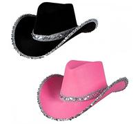 Adult Texan Cowgirl Hats 2 PACK (1 x Pink Sequin + 1 x Black Sequin) : Wild West Cowboy Ladies Womens Cowgirl Hen Night Fancy Dress Accessory