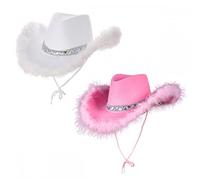 Pack of 2 Texan Cowgirl Hats With Marabou Feather (1 x Pink and 1 x White) : Adult Wild West Rodeo Cowboy Fancy Dress Accessory Set