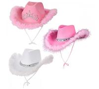 A2ZFD Adult Texan Cowgirl Hats with Marabou Feather 3 PACK (1 x White + 1 Pink + 1 x Pink with Tiara) : Wild West Rodeo Cowboy Hen Fancy Dress Accessory Set