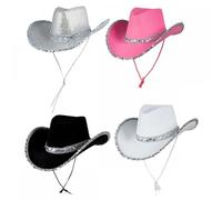 A2ZFD Adult Texan Cowgirl Hats With Sequins 4 PACK (1 x BLACK and 1 x WHITE and 1 x SILVER and 1 x HOT PINK) : Adult Ladies Wild West Rodeo Cowboy Music Festival Pop Tour Fancy Dress Accessory Set