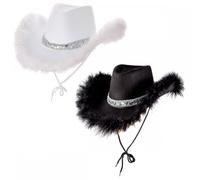 A2ZFD Adult Texan Cowgirl Hats With Sequins & Marabou Feather 2 PACK (1 x Black and 1 x White) : Adult Ladies Womens Wild West Rodeo Cowboy Pop Tour Music Festival Fancy Dress Accessory Set