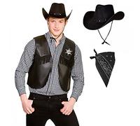 A2ZFD Adult Unisex Black Cowboy Waistcoat + Black Texan Cowboy Hat & Bandana : Sheriff Cowgirl Wild West Rodeo Stag Hen Fancy Dress Costume