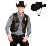 Adult Unisex Black Cowboy Waistcoat + Black Texan Cowboy Hat : Sheriff Cowgirl Wild West Rodeo Fancy Dress Costume