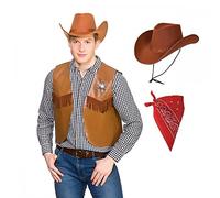 Adult Unisex Brown Cowboy Waistcoat + Brown Texan Cowboy Hat & Red Bandana : Sheriff Cowgirl Wild West Rodeo Stag Hen Fancy Dress Costume …