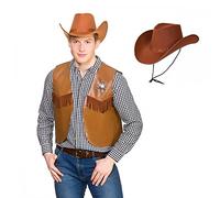 Adult Unisex Brown Cowboy Waistcoat + Brown Texan Cowboy Hat : Sheriff Cowgirl Wild West Rodeo Fancy Dress Costume