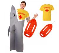 A2ZFD Adult Unisex Funny Shark Jaws Costume + Lifeguard T-Shirt (Various Sizes) + Inflatable Float : Stag Novelty Fancy Dress (M (38/40"))
