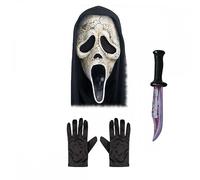 A2ZFD Adult Unisex Official Scream/Ghost Face® Aged Mask with Hood + Black Gloves + Bloody Blade : Halloween Fancy Dress Accessory Set