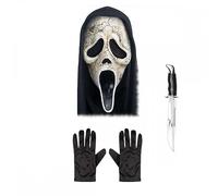 A2ZFD Adult Unisex Official Scream/Ghost Face® AGED Mask with Hood + Black Gloves + Scream Knife : Halloween Horror Film Theme Fancy Dress Accessory Set
