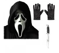 Adult Unisex Official Scream/Ghost Face Mask with Hood + Black Gloves + Scream Knife : Halloween Horror Film Theme Fancy Dress Costume Accessory Set