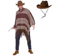 Adult Western Cowboy Poncho Fancy Dress Costume + Brown Suede Cowboy Hat (One Size)