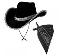 Black Texan Cowgirl Hat With Sequins + Black Bandana : Adult Ladies Hen Night Wild West Cowboy Music Festival Pop Tour Fancy Dress Accessory