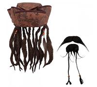 A2ZFD Caribbean Pirate Hat with Braids & Beads + Pirate Beard & Tash : Adult Captain Jack Fancy Dress Accessory Set