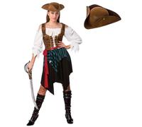 A2ZFD Caribbean Pirate Woman Costume + Brown Pirate Faux Suede Hat : Adult Ladies Buccaneer Captain Jack Fancy Dress (M)