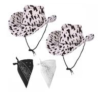 A2ZFD Cowgirl or Cowboy Hats with Cow Print Design + 2 Bandanas (White and Black) 2 PACK : Adult Ladies Womens Mens Wild West Cowboy Music Festival Fancy Dress Costume Accessory Set