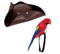 A2ZFD Deluxe Pirate Hat + Feather Wrist Parrot - Adult Long John Silver Treasure Fancy Dress Accessory