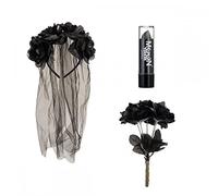 A2ZFD Gothic Veil + Black Flower Bouquet + Black Lipstick : Ladies Halloween Fancy Dress Accessories, One Size (3914WC AS1)