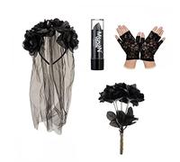 A2ZFD Gothic Veil + Fingerless Gloves + Black Flower Bouquet + Black Lipstick : Ladies Halloween Fancy Dress Accessories, One Size, (3914WC AS2)