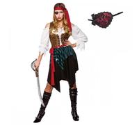 A2ZFD Ladies Caribbean Pirate Woman Fancy Dress Costume + Red Eyepatch with Lace and Ties (Women: 14-16)