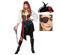 A2ZFD Ladies Caribbean Pirate Woman Fancy Dress Costume + Super Deluxe Pirate Hat + Red Eyepatch With Lace & Ties (Women: 22-24)