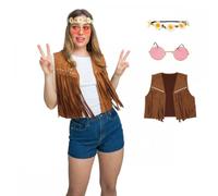 A2ZFD Ladies Faux Suede Hippie Waistcoat + Daisy Flower Headband + Pink Round Glasses : Womens 60s 70s Hippy Retro Fancy Dress Accessories