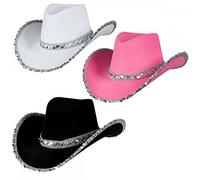 A2ZFD Pack of 3 x Adult Ladies Texan Cowboy Hats (1 x Pink Sequin + 1 x White Sequin + 1 x Black Sequin) : Wild West Cowgirl Hen Night Fancy Dress Accessory,L